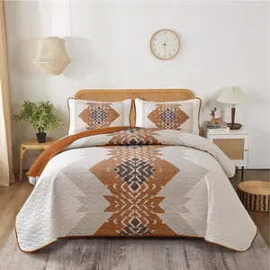 Boho Quilt Set King Size 3 Pieces Aztec Texture Bedspread Coverlet Set Bohemian Quilt Bedding Set Microfiber Lightweight Bed Cover for All Seasons (Terracotta, 90"×103")