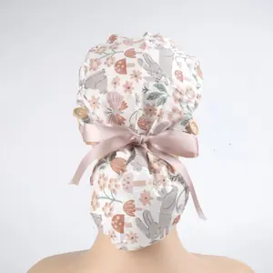 Bunny Mushroom Flowers Pink Ponytail Scrub Cap: Forehead Sweatband & Side Buttons