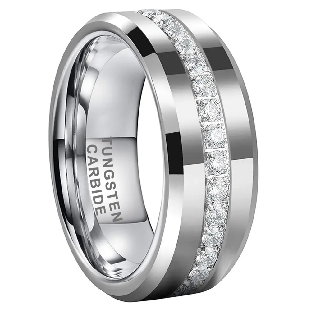 Funky Male Engagement and Proposal Ring, 8mm Tungsten Carbide Band for Men with Full Cubic Zirconia - High Polish Comfort Fit, Engagement Wedding Band, Male Engagement Ring
