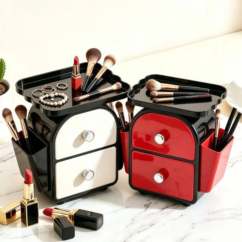 Modern Makeup Organizer with 2 Drawers - Black & Red Storage Case for Brushes, Lipsticks, and Accessories - Ideal for Beauty Lovers