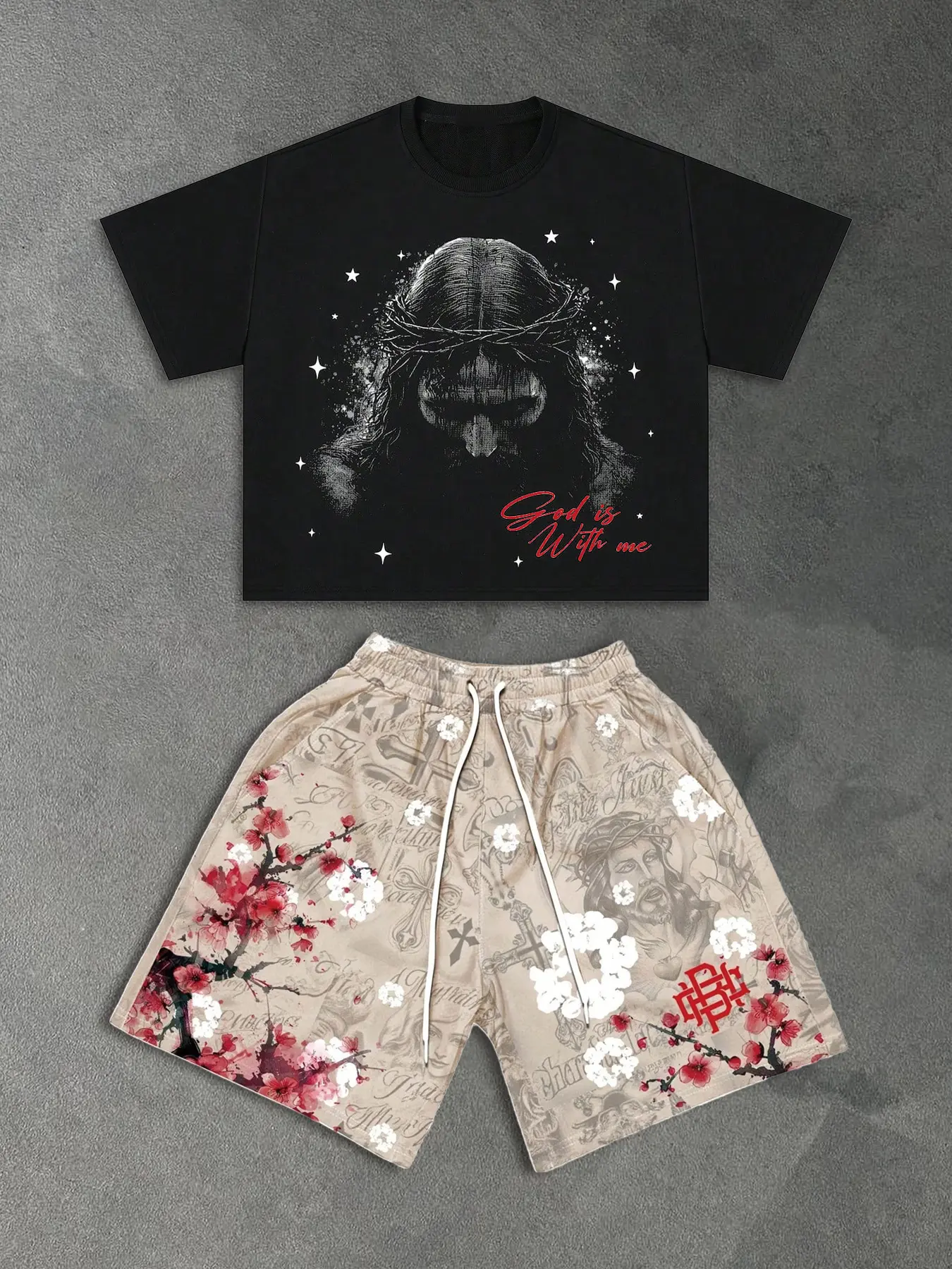 "JESUS"Men's Gothic Jesus Loose Fit Shoulder Pad Short Sleeve Printed Tee Shorts Set, Vintage Street Style, Retro Fashion for Casual Wear