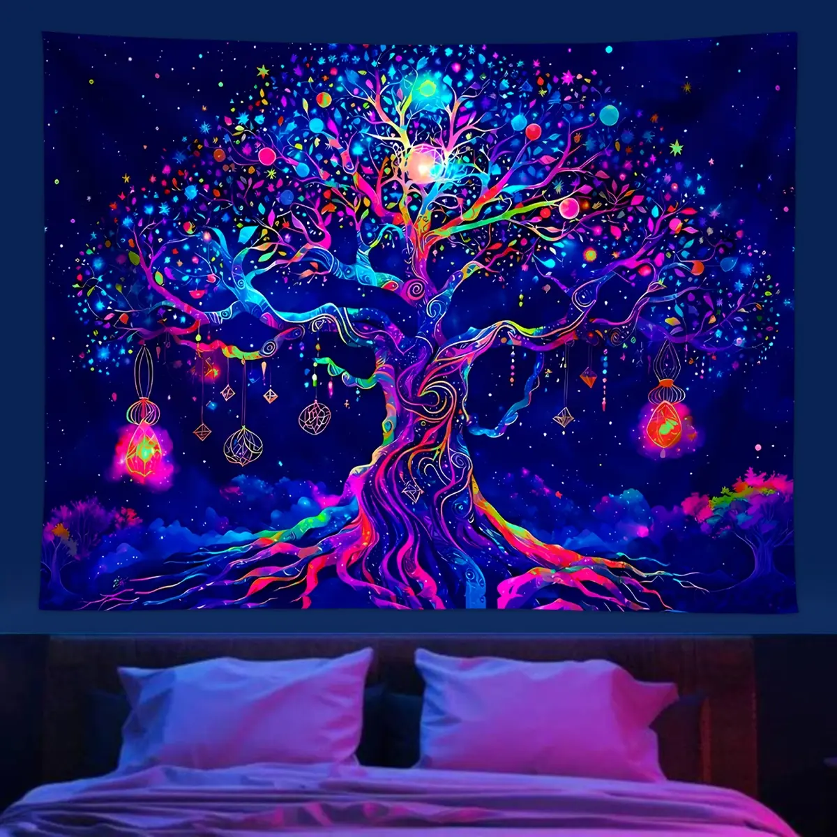 1pc Fluorescent Tree Tapestry, UV Reactive Black Light Life Tree Tapestry, Decorative Tapestry Wall Mural, Home Decoration Items Room Wall Hanging (needs to be illuminated with UV light in a dark environment for fluorescent effect)