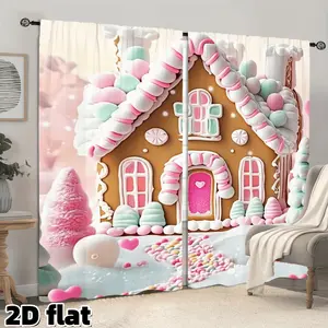 2D Flat 2Pcs Sweet Gingerbread House Printed Curtains Pink Mint Window Treatment Panels Candy Theme Holiday Decor Rod Pocket Drapes Christmas Fantasy Design Living Room Bedroom Kitchen Window Decoration Privacy Protection Home Decoration Curtain