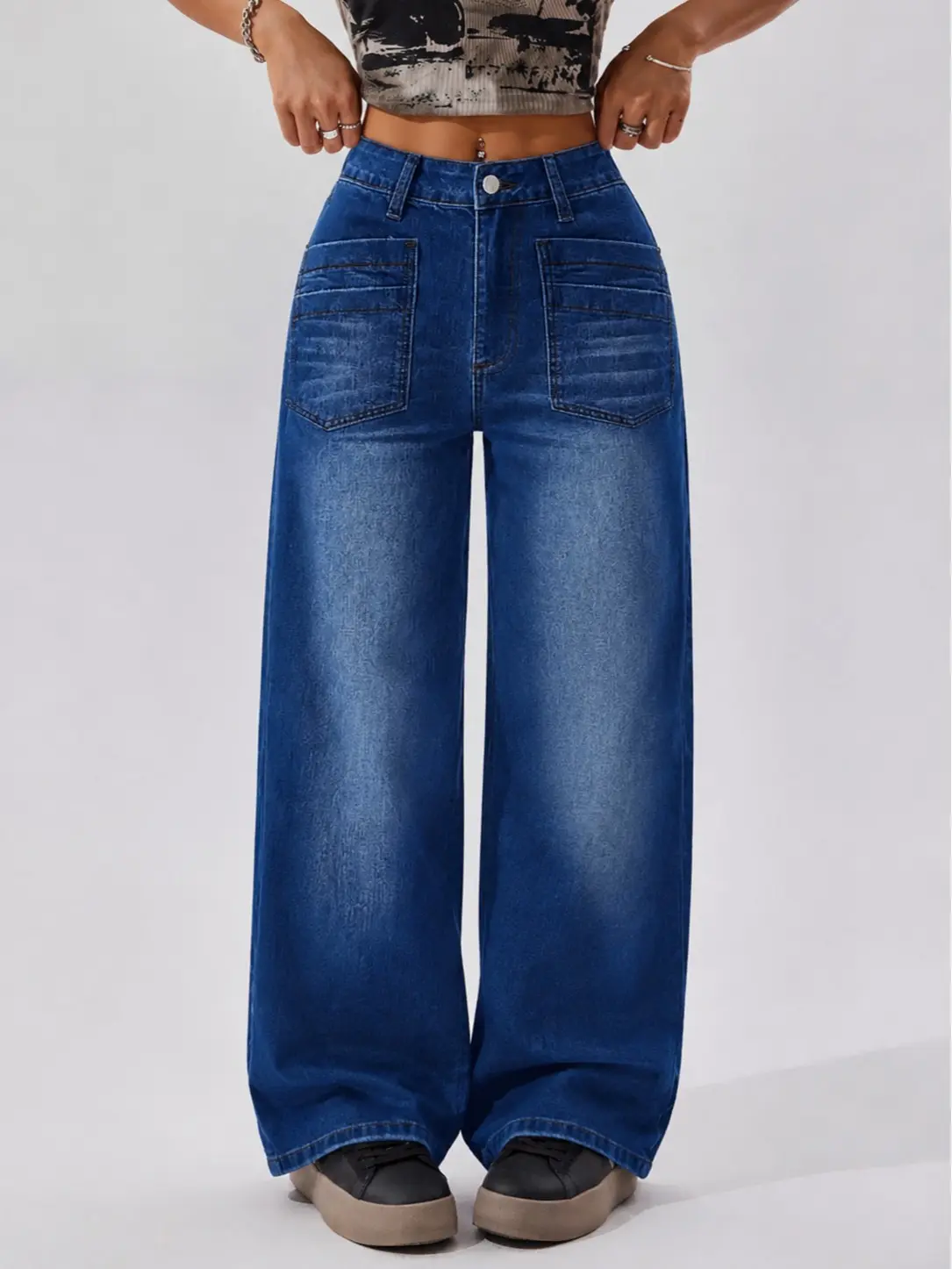 Women's Dark Blue Gradient Washed High-Waist Wide-Leg Jeans - Womenswear Bottom with Multi-Layer Contrast Stitch, Square Front Pockets, Floor-Length, Vintage Y2K Casual Street Denim Trousers