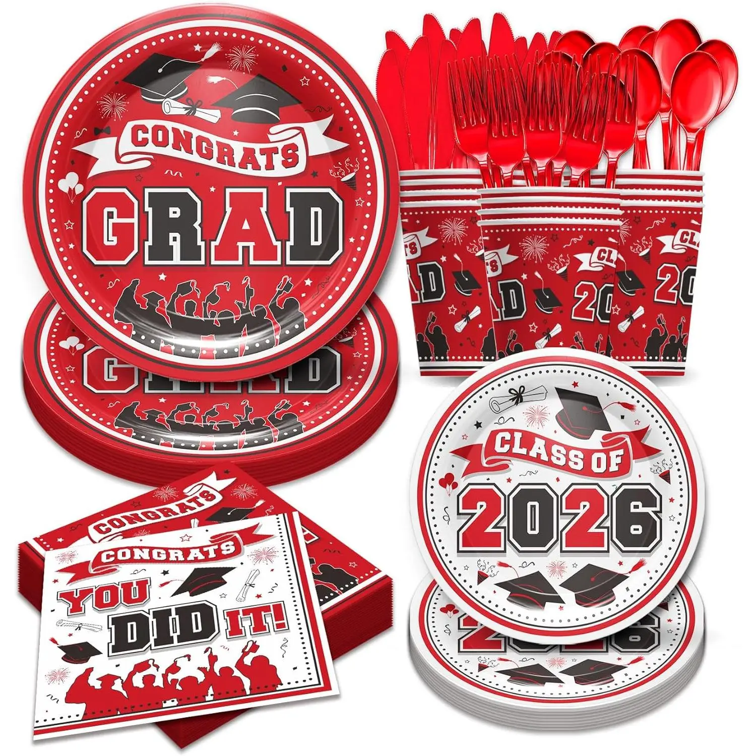 168Pcs Red Graduation Decorations Class of 2026 - Graduation Party Supplies 2026 Include Plates, Cups, Napkins, Cutlery, 2026 College High School Graduatio
