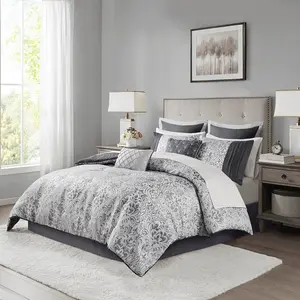 360 Stand 12-Piece California King Polyester Fabric Bedding Set - Emilia Jacquard Damask Comforter, Hypoallergenic Fill, Traditional Look, Sheets, Silver, Microfiber, Quilt, Bed Skirt (104x90x1.5 in), Bed Skirt Set