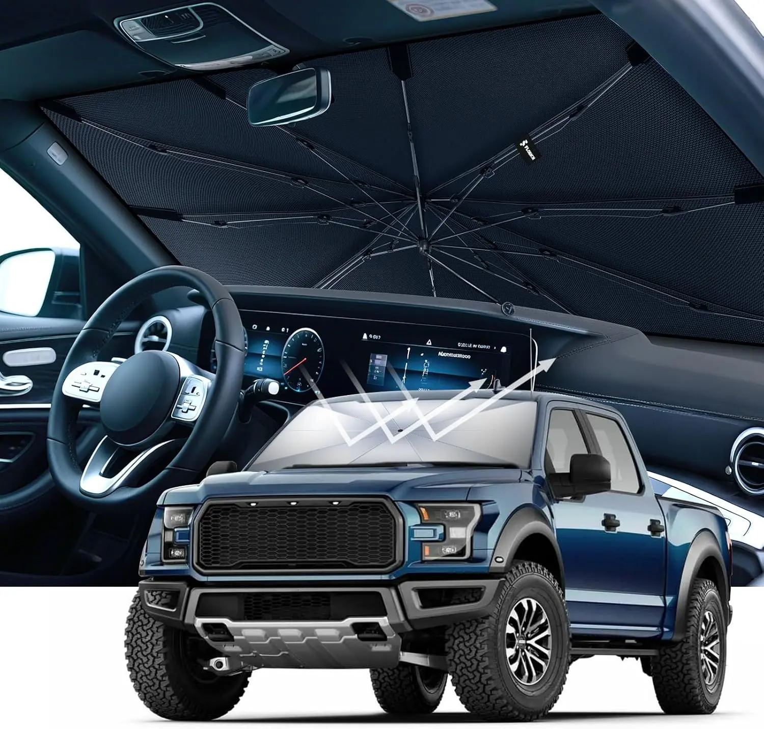 Umbrella Windshield Shade - Large Upgraded Reflective Folding Pop-Up Protector, 99% UVA-UVB Uv Block Front Window, Heat Blocking Insulation Cover for Sedan SUV, Portable Summer Automotive Interior Accessory, Sun Shades for Car Windows