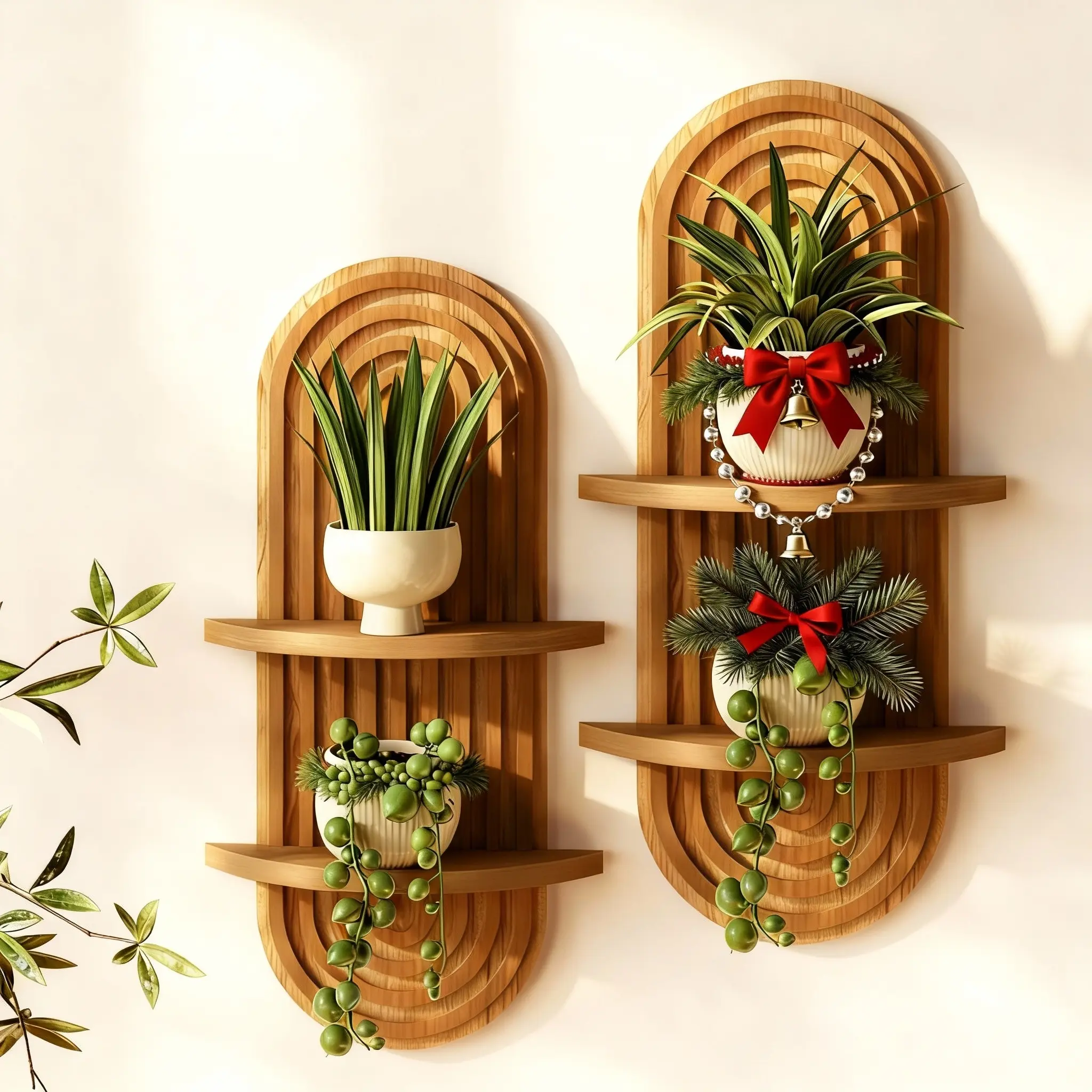 Bamworld 2-Pack 16.9in Retro Boho Arch Unpainted Bamboo Hanging Floating Shelves - Decorative Mid-Century Art Deco 2-Tier Wall Organizer, Easy Installation, Living Room Plant Display Gift