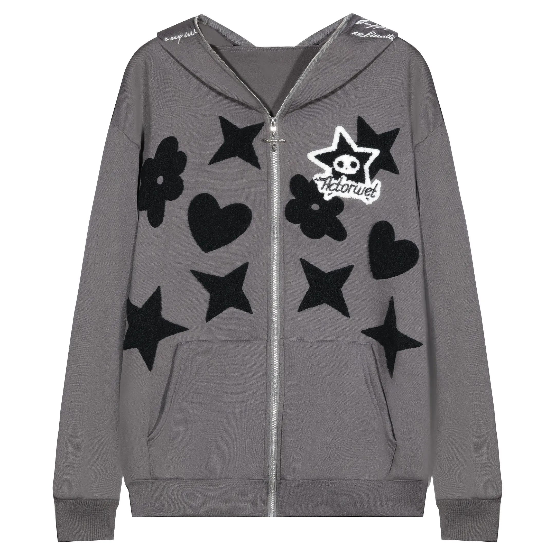 OHFRU Men's Classic Grey Star Embroidered Polyester Hoodie & Sweatshirt, Longsleeve Zipper Pullover, Sporty-Casual Stylish Comfort Tops