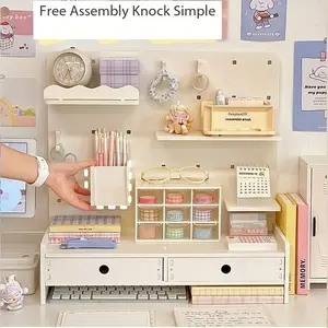 Hole plate desktop vertical board card storage display rack with layered partitions, dormitory star-chasing punch-free shelf, dressing table cosmetics storage rack, Table organizers, desktop storage, organizing artifact with 2 drawers, 3 hooks