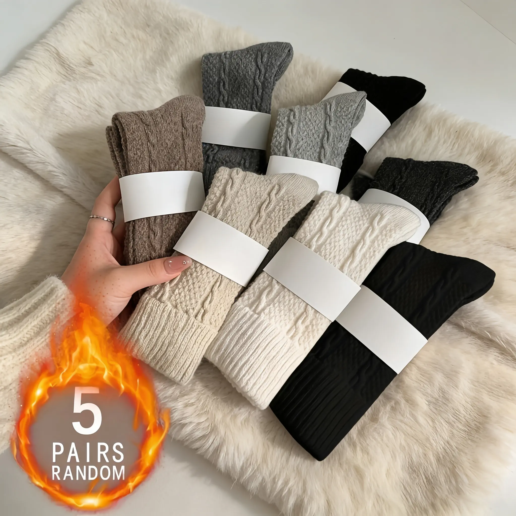 5 Pairs of Winter Long Socks - Japanese style, solid color, thickened warm stripes, suitable for cold weather, warm leg warmers, winter foot warmth, Japanese style socks, long winter socks, classic cable knit, minimalist aesthetics.
