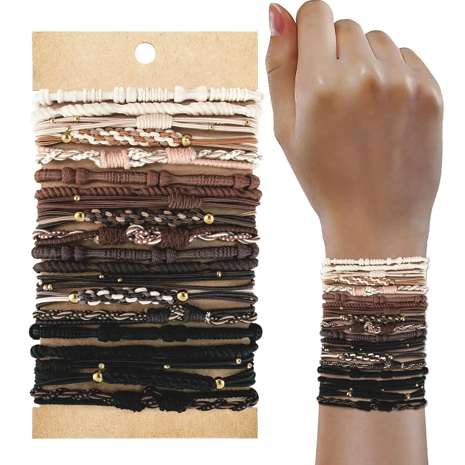 20 count Boho Ponytail Holders - 4 Neutral Colors, 5 Styles Hair Bands & Bracelets for Women's Thick or Thin Hair, No