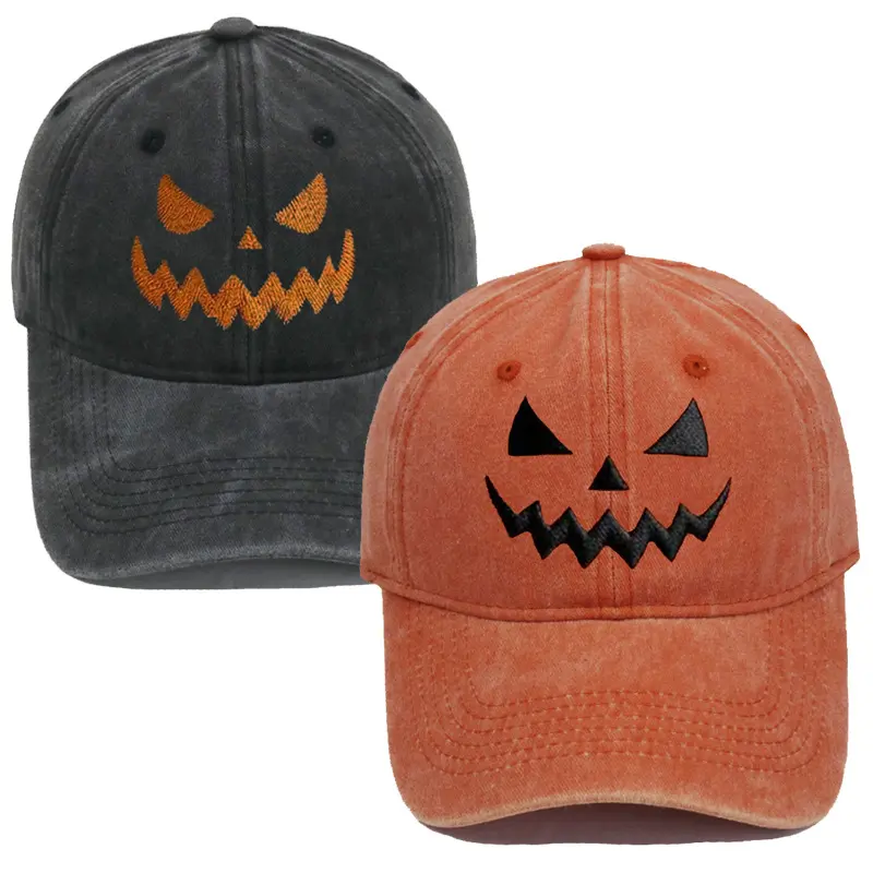 Retro Jack-o'-Lantern Embroidery Baseball Cap for Men Women | Vintage Washed Halloween Dad Hat | Aesthetic Fall Season Adjustable Cotton Hat | Cute Outdoor Casual Party Cap