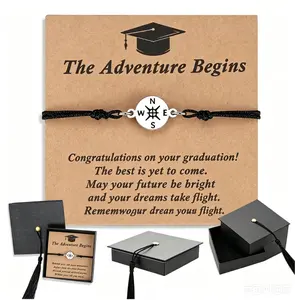 Class of 2026 Graduation Bracelet, The Adventure Begins Compass Wish Bracelet, Sentimental Graduation Gift for Her, Adjustable String Bracelet with Graduation Cap Gift Box