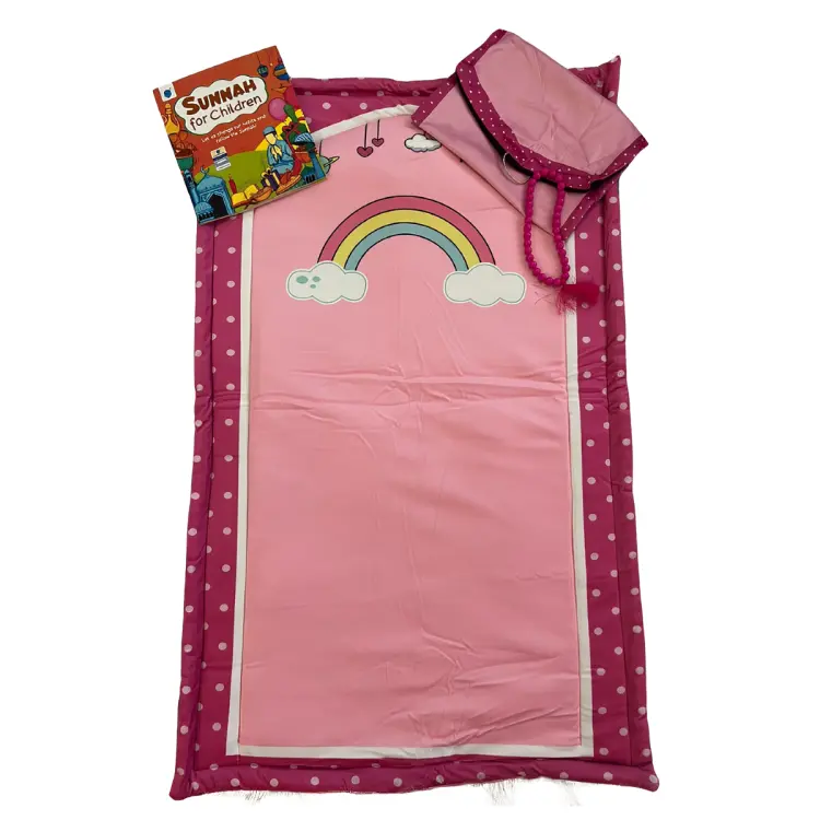 Adorable Pink Kids Prayer Mat Set with Tasbih & "Sunnah for Children" Book Soft Velvet Padded Janamaz for Girls Ideal Ramadan Eid or Birthday Gift Educational Fun Gift Set for Children