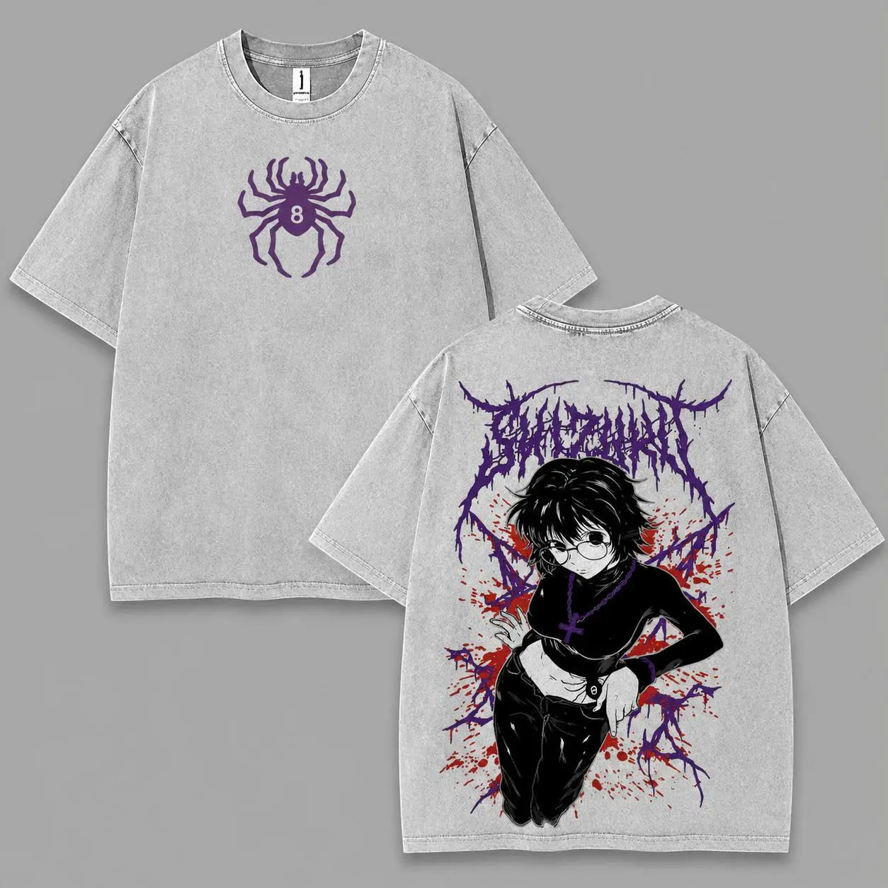 	 Vintage Gray Acid Wash Hunter x Hunter Graphic Tee | Shizuku Spider 8 Anime Shirt