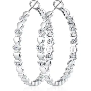 Heart Cubic Zirconia Large Hoop Earrings for Womens 925 Silver 14k Gold Plated Hypoallergenic Rhinestone Hoops Earring Sparkly Jewelry Gift 30/40/50/60mm