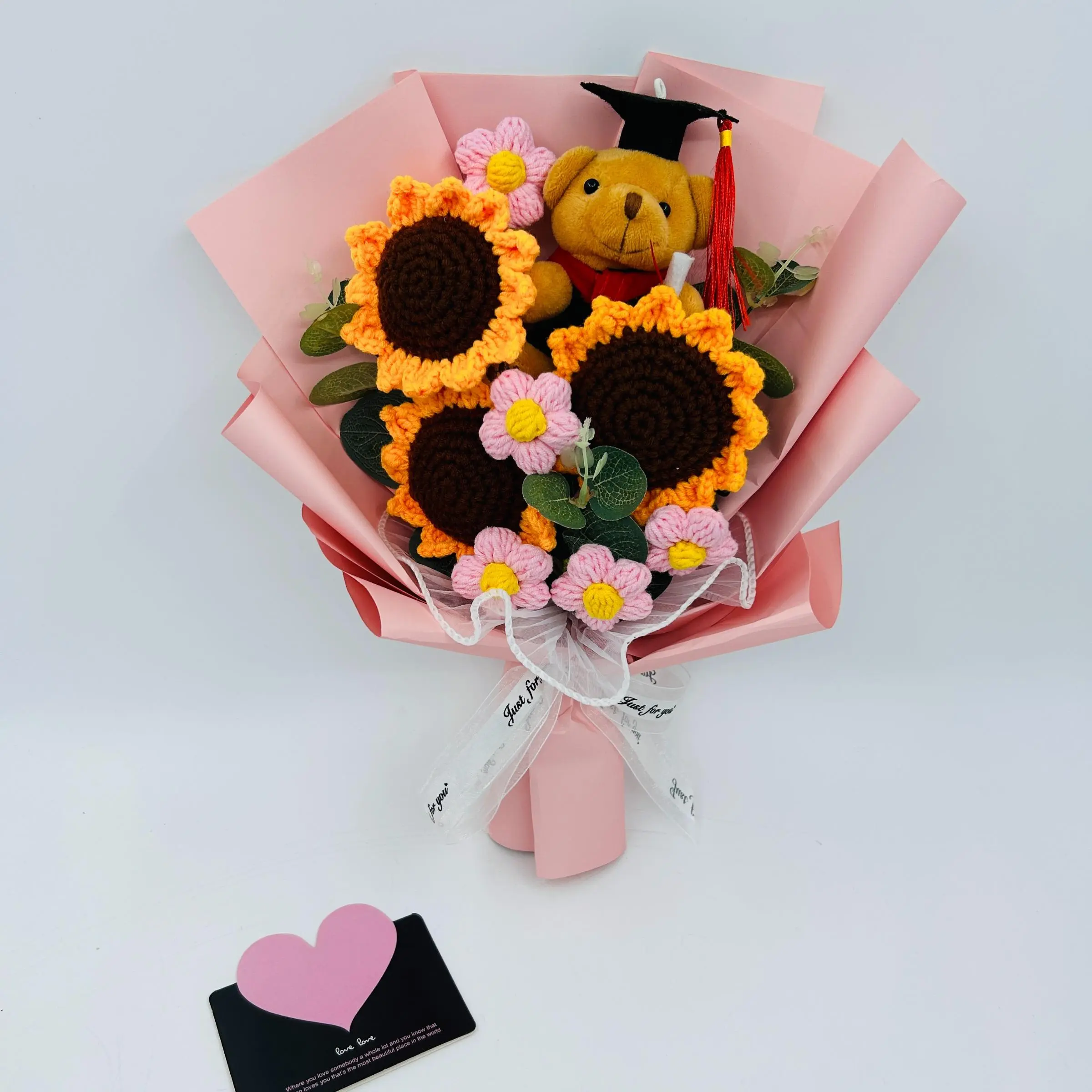 Crochet Sunflower Bouquet, Handmade Knitted Bouquet, Graduation Bear Doll Bouquet, Gift for Friend, Lover, Grandma, Party Gift, Decor, Artificial Fake Plants