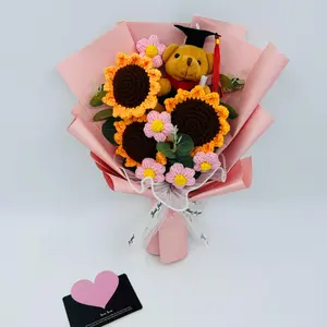 Crochet Sunflower Bouquet, Handmade Knitted Bouquet, Graduation Bear Doll Bouquet, Gift for Friend, Lover, Grandma, Party Gift, Decor, Artificial Fake Plants