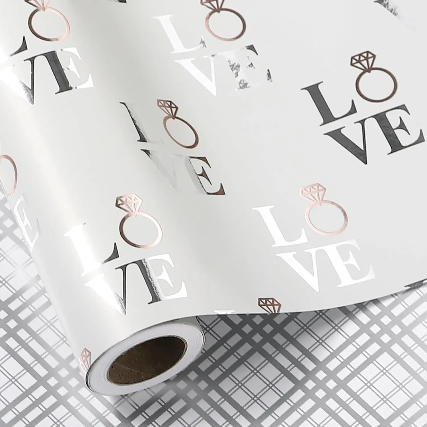 Reversible Foil Wedding Wrapping Paper Roll - Love Ring & Plaid Design, 17 in x 32.8 ft Foil Paper for Bridesmaid Gifts & DIY Wedding Decorations