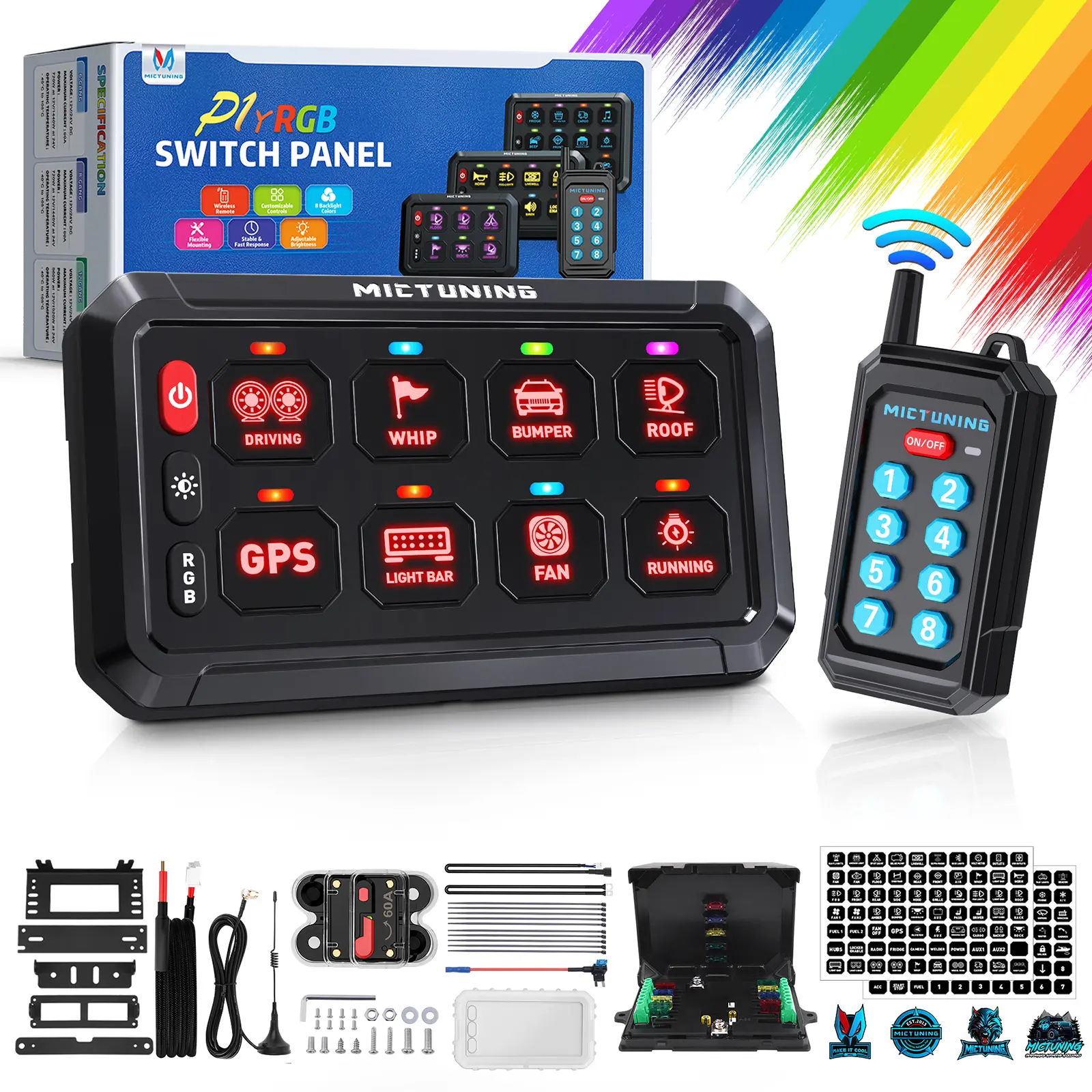 MICTUNING P1Y Wireless Remote Switch Panel - 6/8/12 Gang LED Control Box with RGB Backlight Relay System, 230ft Range, IP65 Waterproof, 1x Antenna, 1440w@24v/1920w@24v Wiring Harness for Truck Jeep ATV Automotive Lighting Accessory, 1X Remote Control