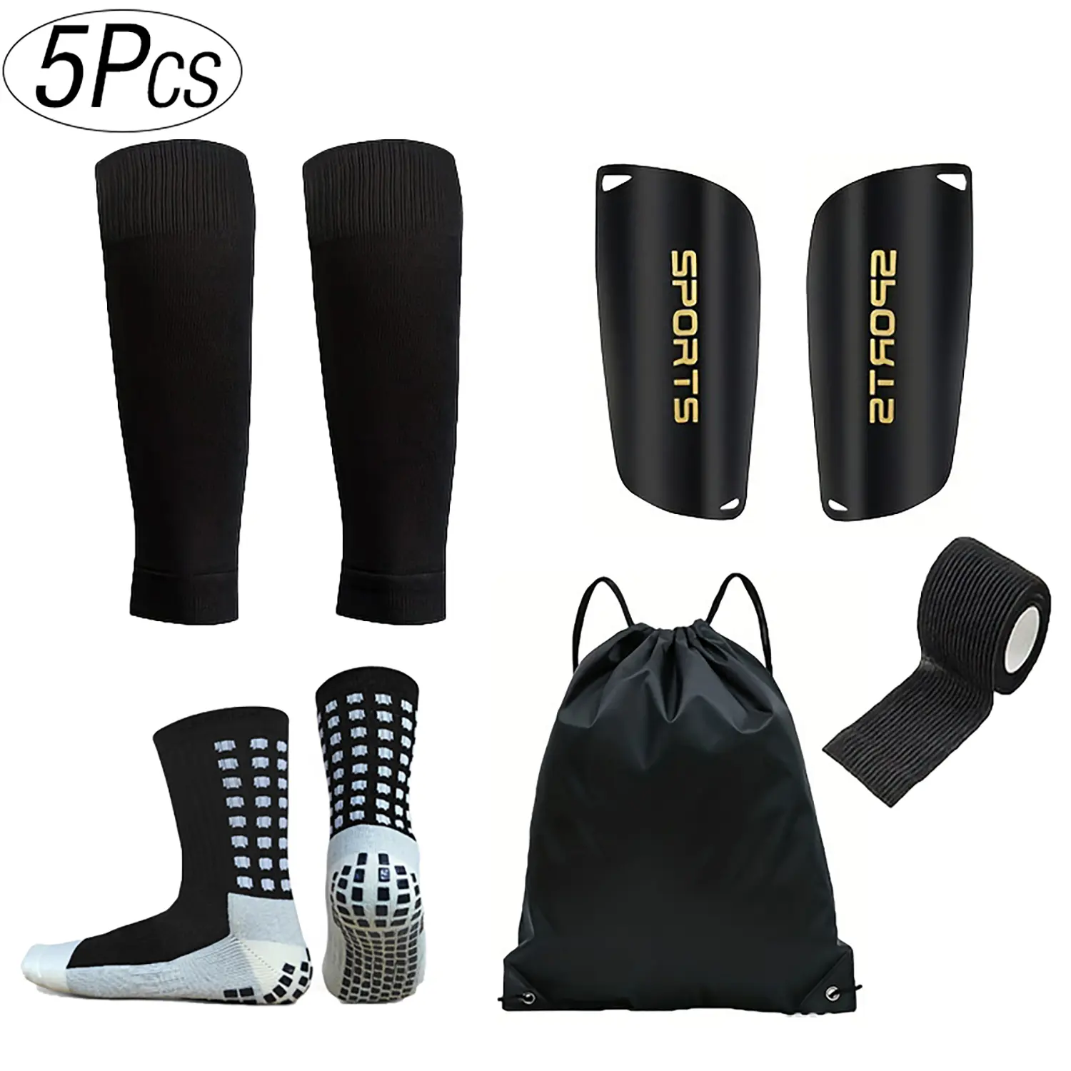 5Pcs Soccer Kit with Shin Guards and Grip Socks Leg Sleeves Sports Grip Tape Drawstring Bag Complete Football Training Gear Set for Youth Men