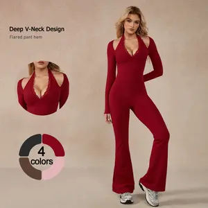 TimeOFF Women's Long-Sleeve Lace-Trim Halter Jumpsuit, Deep V-Neck & Flared Pant Hem, Solves Stylish Support & Flexible Fit Need for Yoga, Dance Workouts & Fashion-Forward Fitness Sessions,jumpsuit women jumpsuit for women