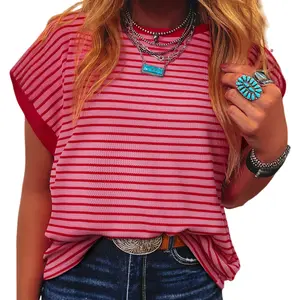 Asivivid Women's Striped Ribbed Knitted Drop Shoulder Round Neck T-Shirt Summer Tops Daily Everyday Wear Shirt Top