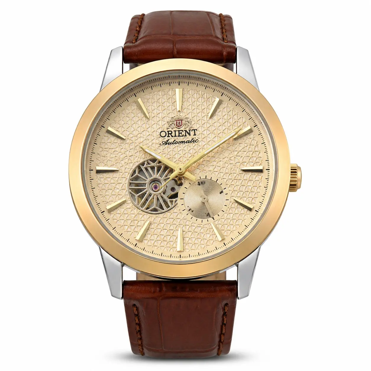 Men's Orient Automatic Mechanical Watch - Skeleton Hollow Dial, 2-Tone Golden Case, Brown Crocodile-Grain Leather Strap, Small Second Hand, Sapphire Lens, Waterproof Formal Wear Luxury Wristwatch, High-End Gentlemen's Anniversary/Birthday Gift