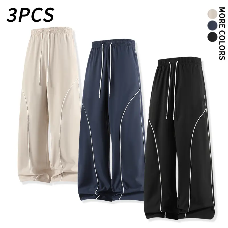 3-pcs Unisex Wide-Leg Athletic Pants — White Trim, Drawstring Elastic Waist, Quick-Dry Jogger Style; Casual Streetwear for Fitness, Yoga, Home Loungewear; Three-Color Set sweatpants loose wear