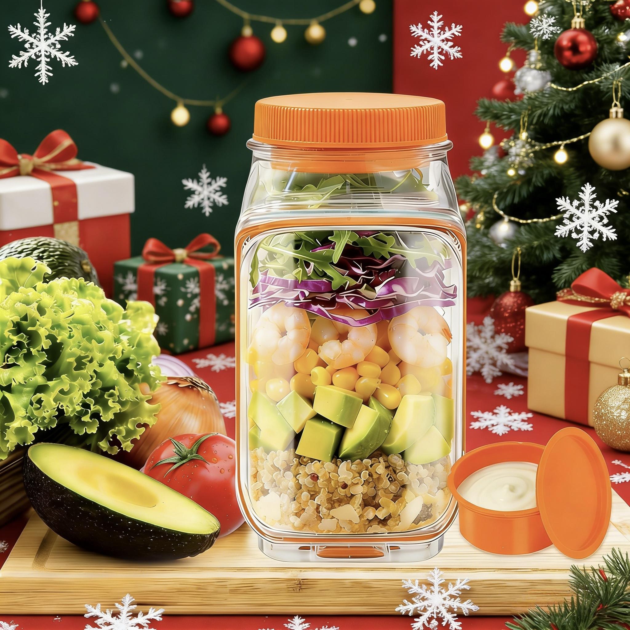 Oillase 1-Pack Side-Opening Salad Jar Utensil Set - Anti-Leak Portable Kitchen Plastic Preserving Container with Divider Sauce Cups & Lids, Dual-Use Design Doubles as Bowl for Office, Travel, Utensils, Salad Jars