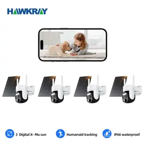Hawkray 360Solar Security Camera with Spotlight PIR Motion Detection Color Night Vision Two-Way Talk 2K FHD WiFi CCTV IP Security Cam-IP66 Waterproof IR Night Vision Flash Light Connection Wireless 2PC - Card - Remote 4Pc