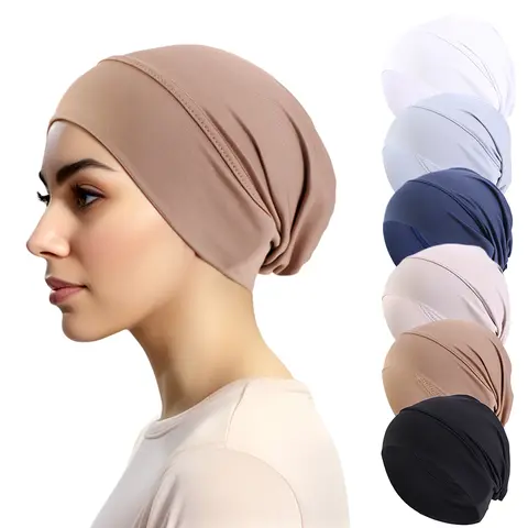 6pcs Solid Color Women Muslim Hijab Caps Wrap Elastic Turban Bonnet Chemo Cap Headdress Wearable Undercap Casual Modesty Fit