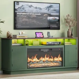70" Fluted TV Stand/TV Stand with 36" Electric Fireplace, Modern Entertainment Center Wood Media Console w/Power Outlets and LED Lights and Adjustable Shelves for Living Room,Black/Green/Natural