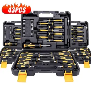 43-piece magnetic screwdriver set, including flathead, Phillips, hex, and Pozidriv screwdrivers, as well as a magnetizer, demagnetizer, replacement screwdriver bits, and a sturdy toolbox—ideal for DIY, repair, and renovation projects