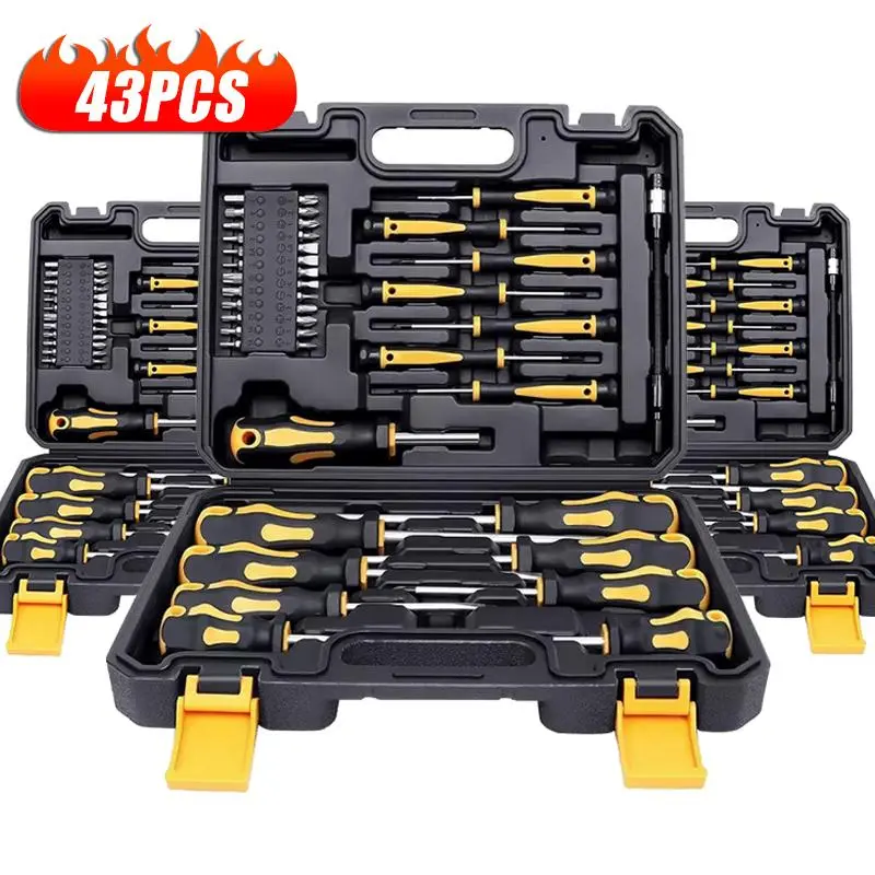 43pc Versatile Screwdriver Tool Kit for Home Improvement - Magnetic Slotted, Cross-Head, Pozidriv, Hex Shank Bits, Magnetizer, Demagnetizer, Interchangeable Bits, Sturdy Organized Storage Toolbox for Beginners, DIY Repairs, 43Pc Bit Variety