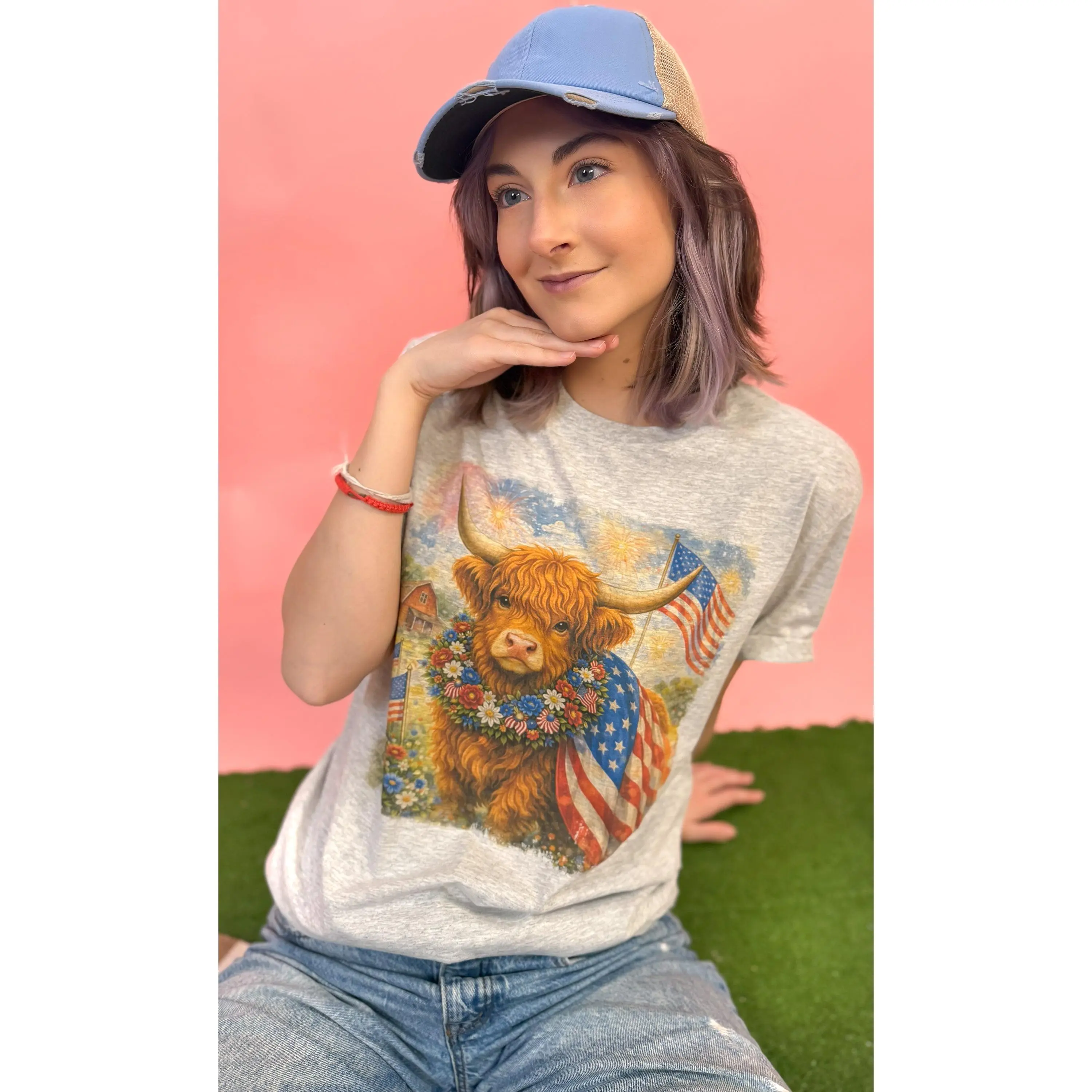Tees2urdoor Lady's Cotton Fitted Short-Sleeve Round Neck Graphic T-Shirt - Farming Freedom Highland Cow Patriotic Print Top, Casual Streetwear for Thanksgiving, Romance Day Wear