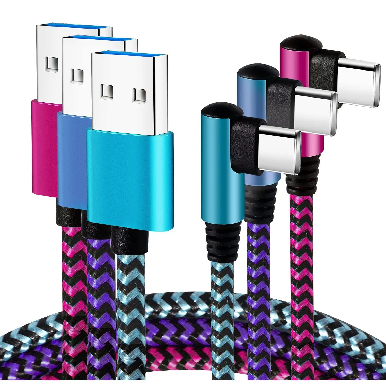SQ-CGC002 USB Type C Cable 2.1A Fast Charging: [90 Degree/6ft/3Pack] Nylon USB C Cord Right Angle Compatible with Samsung Galaxy S23/S22/9/Note 10, USB C Charger-Blue/Magenta/Purple