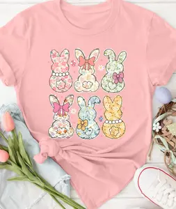 Elegant Easter Women's Clothing Gift: Floral Bunny Print Round Neck Short-Sleeve T-Shirt for Spring, Summer and Autumn; Stylish, Casual, Versatile, Retro-Style Top for Commute, Vacation, and Everyday Wear.