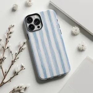 Ocean Blue Stripe, Beach Shore Rugged Summer 2-in-1 Smartphone Case with a durable, shock-absorbing, protective, stylish, Aesthetic design. Compatible with iPhone 11, 12, 13, 14, 15, 16 Pro Max and Pro Plus Series Creative New Case Cover