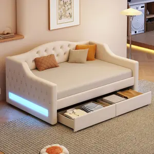 Twin XL Size Daybed Frame with 2 Storage Drawers and LED Light, Linen Upholstered Day Bed Frame with Solid Wood Slats for Guest Room,Apartment,No Spring Box Needed, Easy Assembly