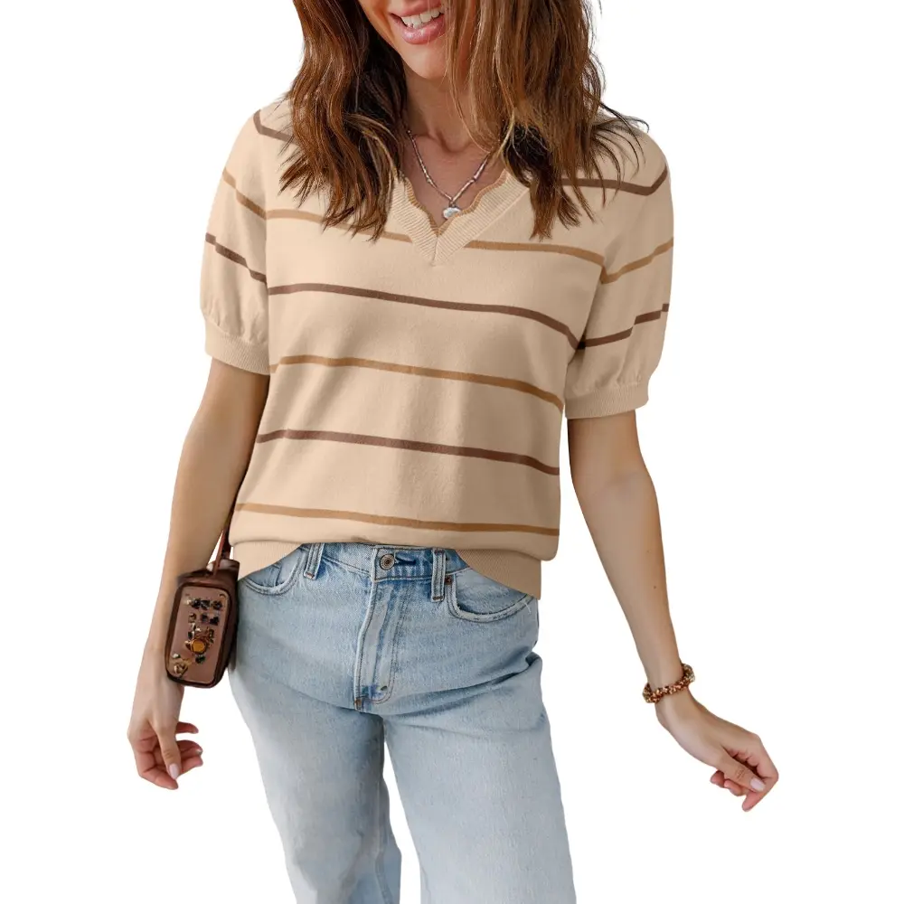 DOKOTOO Women's Striped Casual Sweater, New Summer Style, Fashionable Loose Knitted Pullover, Short-Sleeve Knitted Sweater