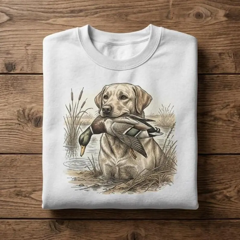 Vintage Yellow Lab Shirt Waterfowl Hunt Sweatshirt Retro Labrador Retrieve Graphic Hoodie Pond Wildlife Nature Art Unisex Tee  For Hunter