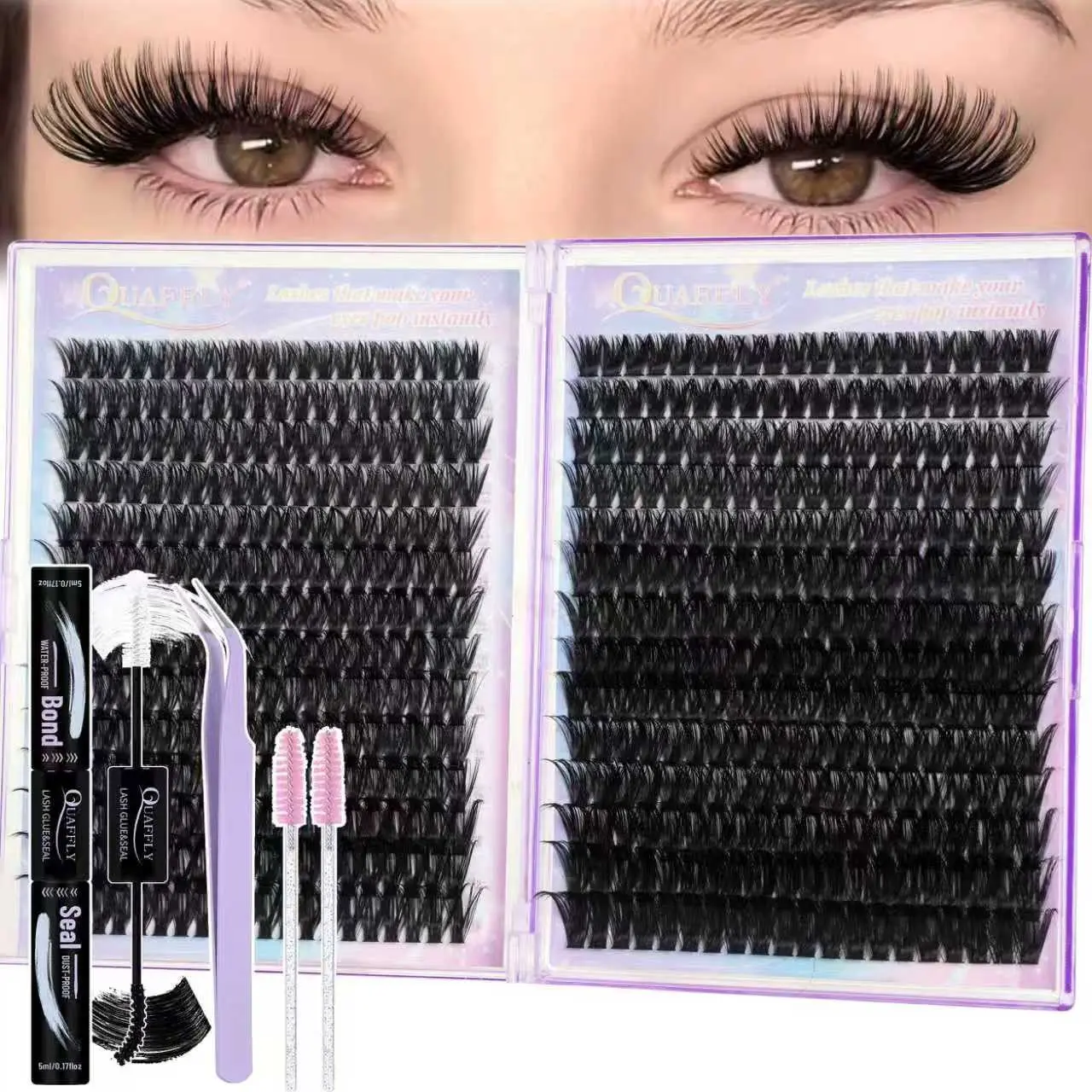 560Pcs DIY Individual Eyelash Kit Lash Extension Kit Volume Lash Clusters 60D+80D 10-18mm Lash Clusters Kit Thick Eyelash Extensions Kit With Lash Bond and Seal Tweezers Brush*2 Diy Cluster Lashes Eyelashes Extension Kit Eyelashes Extension Set