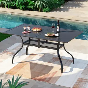INTERGREAT 60"x37" Black Patio Outdoor Dining Table Metal Steel Slat Rectangular Bistro Table for Porch Deck Garden Backyard Poolside, 1.57" Umbrella Hole