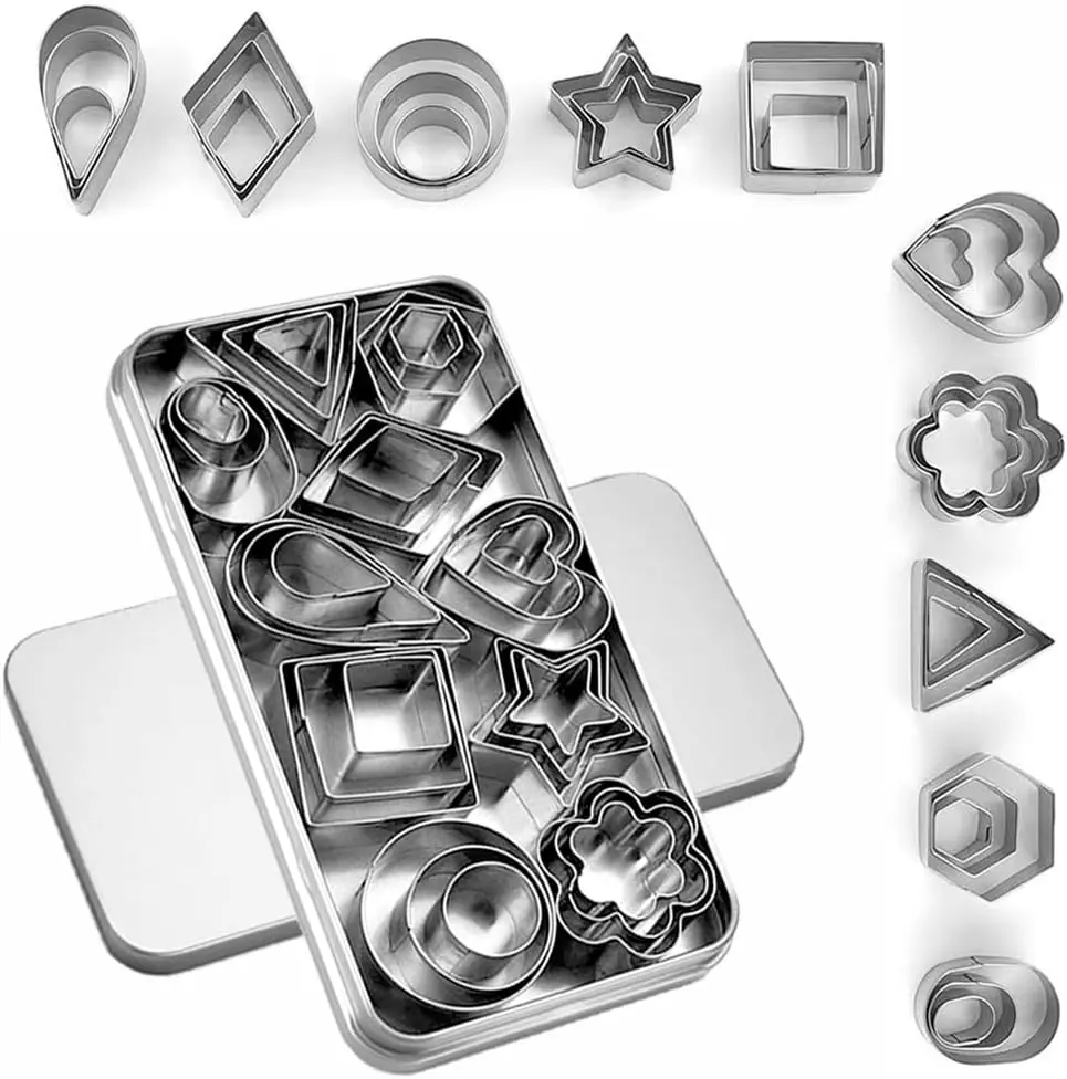 Mini Cookie Cutters Set with Box, 30Pcs Small Stainless Steel Flower Square Heart Round Star Triangle Oval Shapes Cookie Cutters, Mini Polymer Clay Cutters for Kids