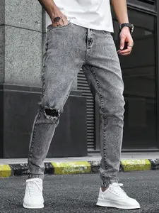 Men's Regular Fit Solid Color Ripped Skinny Jeans, Casual Comfy Denim Pants for Daily Wear, Fashion Men's Bottoms for All Seasons, Menswear, Streetwear, Denim Trouser