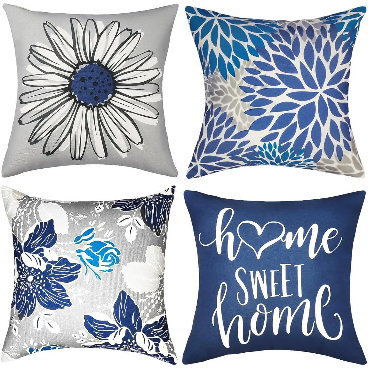 Farmhouse Vibe 4-Piece Linen Daisy Print Square Pillowcases (18x18 in, Pack of 4, Pillow Core Excluded) - Zippered, Indoor/Outdoor Use for Sofas, Sunshade Canopy Compatible, Machine Wash, No Bleach/Iron, 18 X 18 (Pack Of 4)