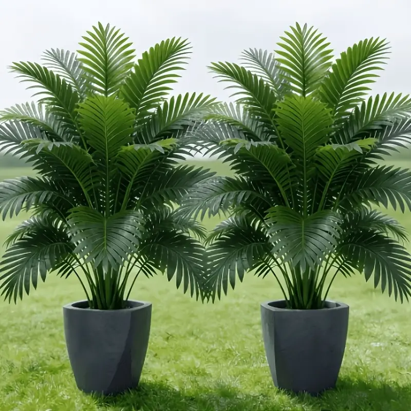 2pcs Minimalist Plastic Decorative Artificial Areca Palm Trees - 35.46in Low Maintenance, Pet Safe, UV Resistant, Lifelike Tropical Floor Plants with Adjustable Fronds for Wardrobe, Garage, Daily Indoor Outdoor Home Office Boho Decor
