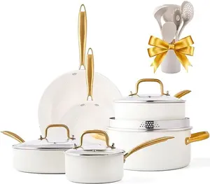 Caannasweis 16 PCS Nonstick Cookware Set with Dutch Oven, Frying Pan, Saucepan, Sauté Pan & Induction Nonstick Granite Cooking Pot - Gold Gifts Life ceramic  pans Silicone Oil